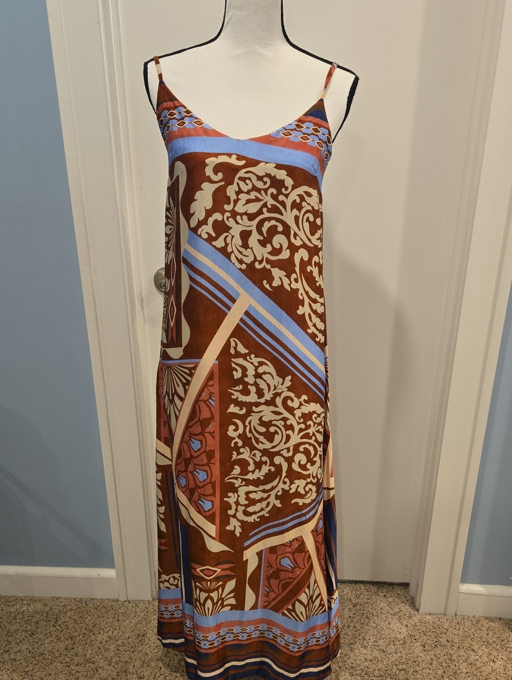 MAGARI ITALIAN SILK RESORT MAXI  BAROQUE PRINT Brown & Blue Patterned Slip Dress